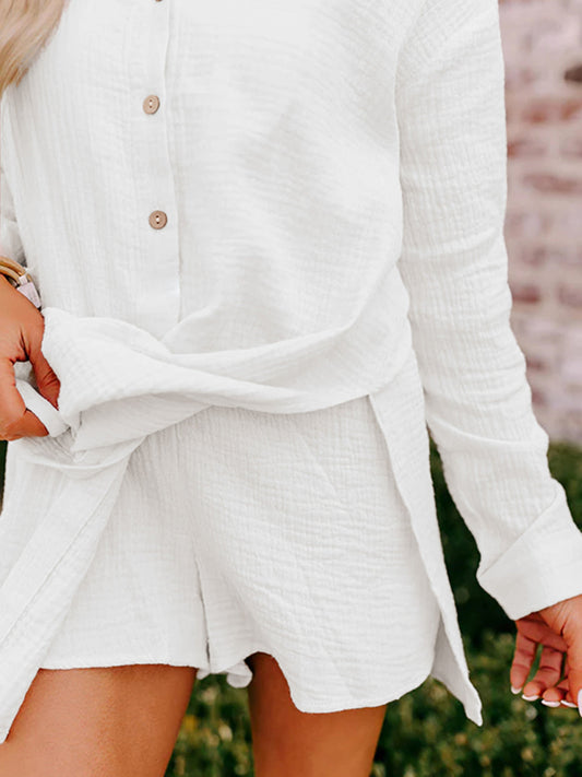 Gauze Button-Up Shirt & High-Waisted Shorts Set – Relaxed Fit
