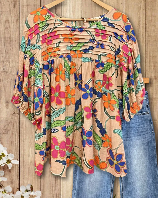 Applique Floral Blouse – Puff Sleeve, Round Neck, Relaxed Fit