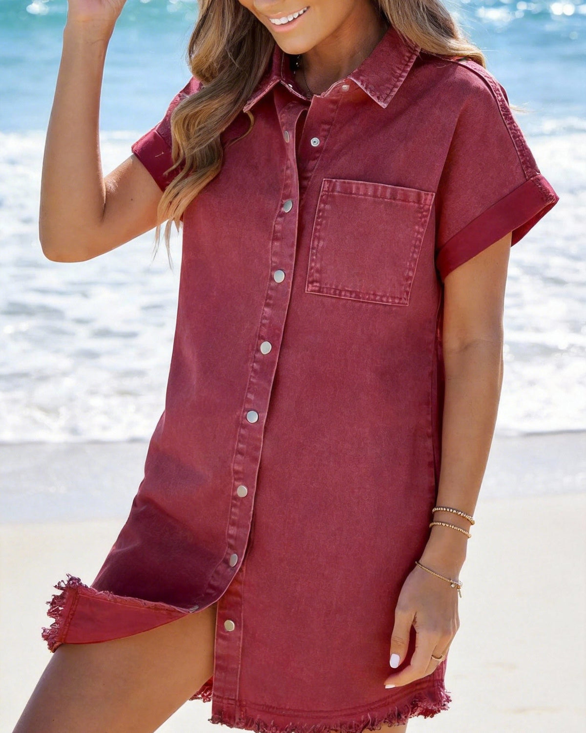 Frayed Hem Denim Shirt Dress – Button Front, Side Pockets, Relaxed Fit