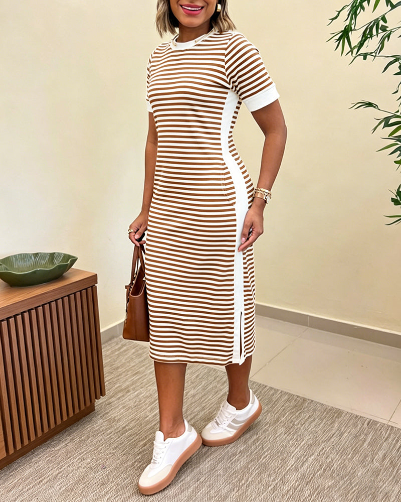 Striped Waist-Cinching Midi Dress – Crew Neck