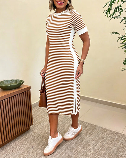 Striped Waist-Cinching Midi Dress – Crew Neck