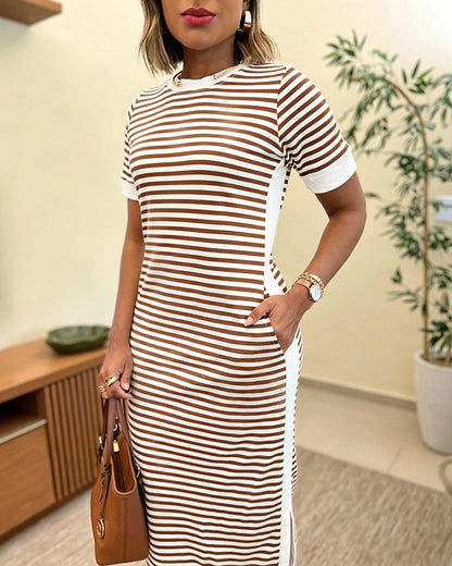 Striped Waist-Cinching Midi Dress – Crew Neck