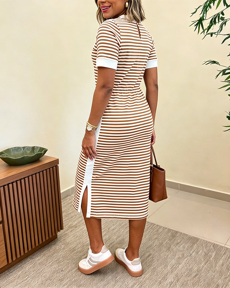 Striped Waist-Cinching Midi Dress – Crew Neck