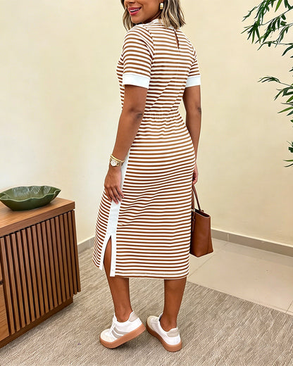 Striped Waist-Cinching Midi Dress – Crew Neck