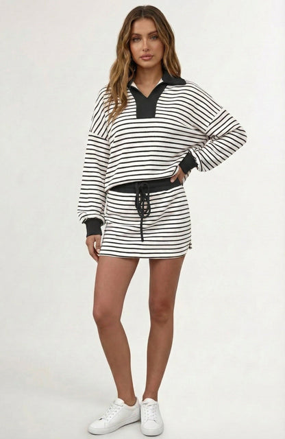 Striped Polo Skort Set – Collared Top & Built-in Shorts