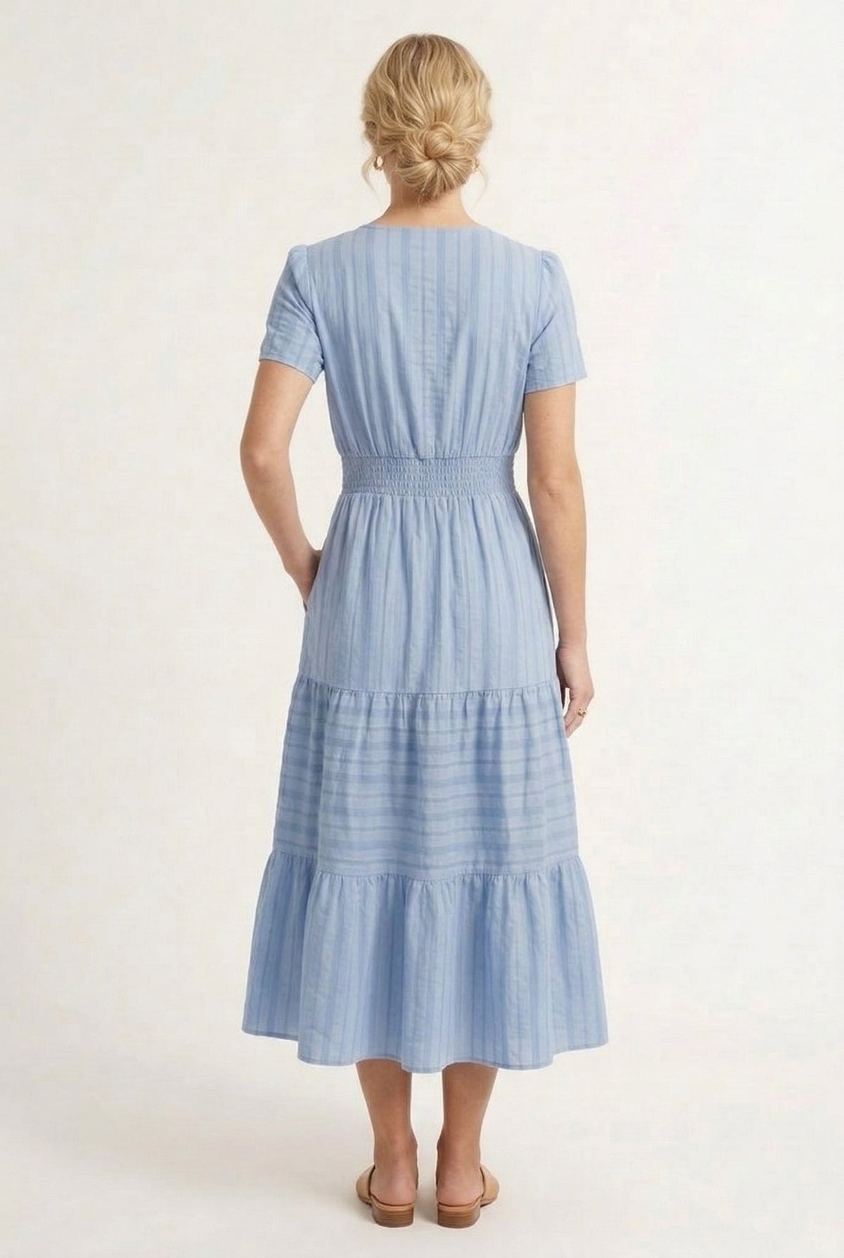 Smocked Waist Long Dress –  V-Neck, Puff Sleeves & Pockets