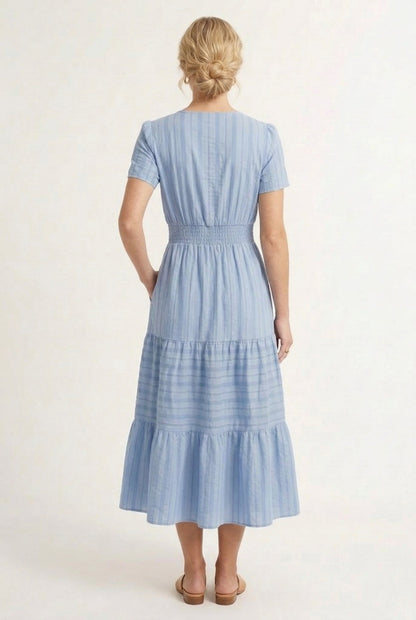 Smocked Waist Long Dress –  V-Neck, Puff Sleeves & Pockets