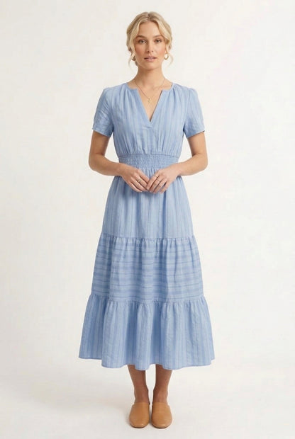Smocked Waist Long Dress –  V-Neck, Puff Sleeves & Pockets