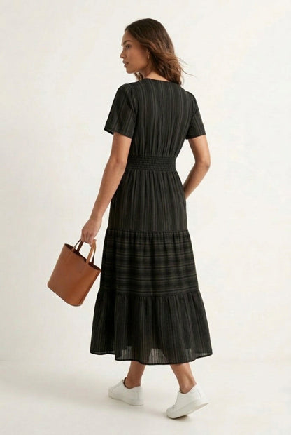 Smocked Waist Long Dress –  V-Neck, Puff Sleeves & Pockets