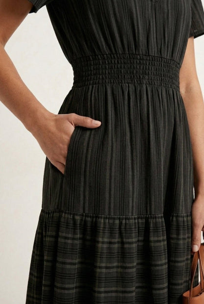 Smocked Waist Long Dress –  V-Neck, Puff Sleeves & Pockets