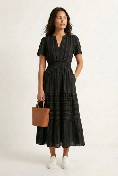 Smocked Waist Long Dress –  V-Neck, Puff Sleeves & Pockets
