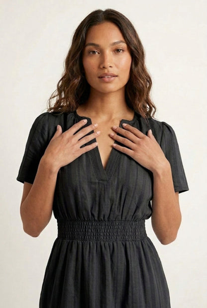 Smocked Waist Long Dress –  V-Neck, Puff Sleeves & Pockets