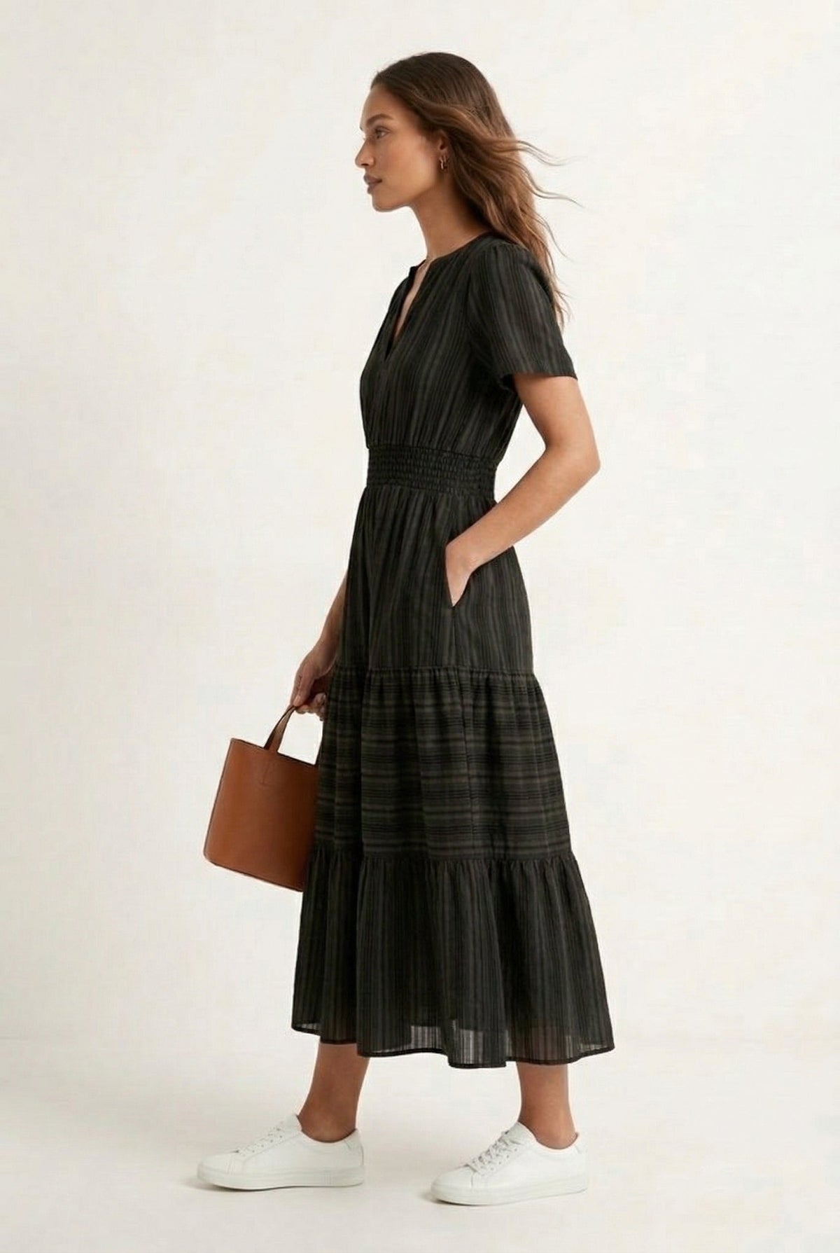 Smocked Waist Long Dress –  V-Neck, Puff Sleeves & Pockets