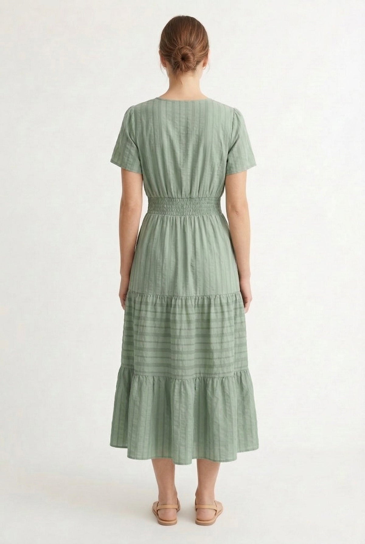 Smocked Waist Long Dress –  V-Neck, Puff Sleeves & Pockets