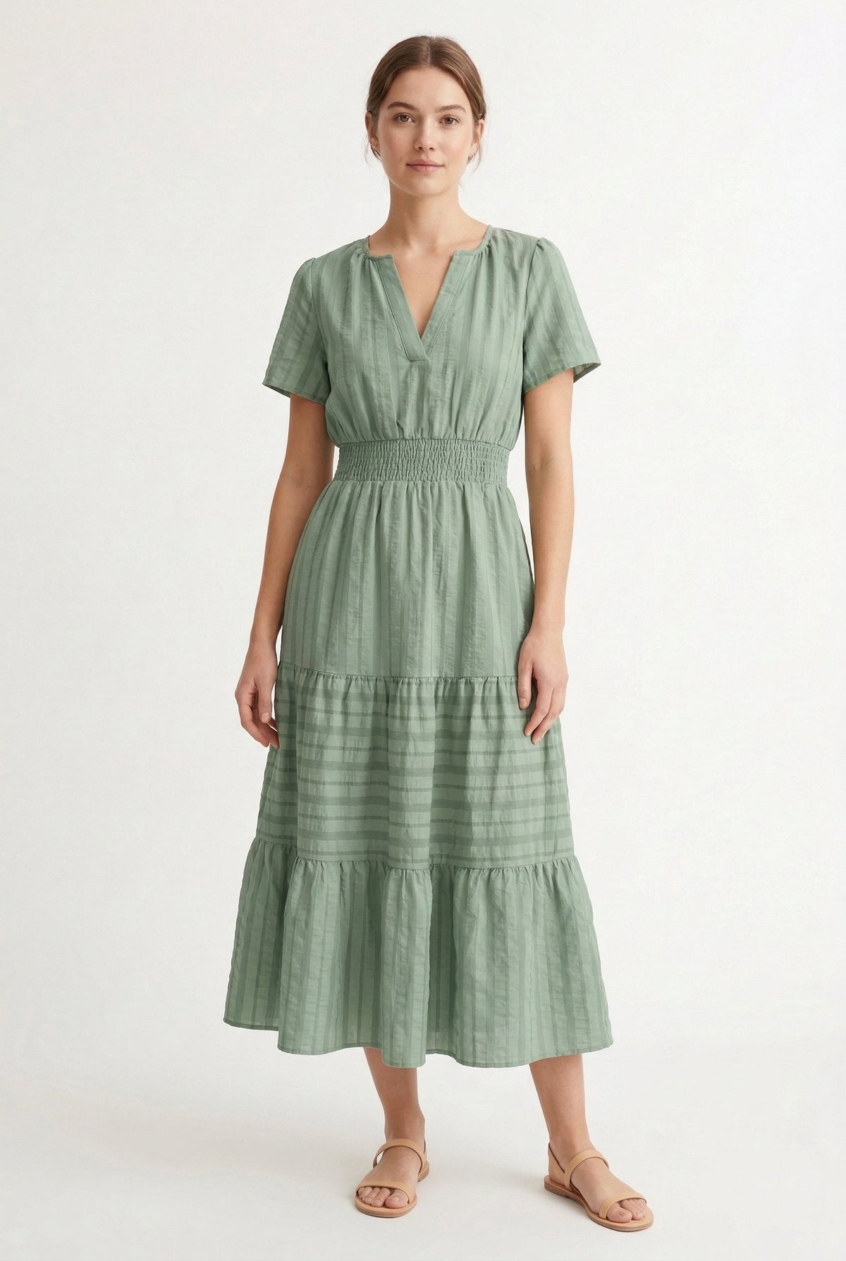 Smocked Waist Long Dress –  V-Neck, Puff Sleeves & Pockets