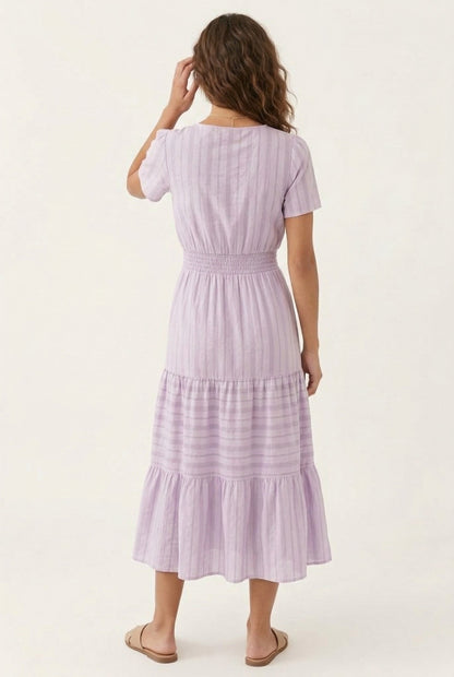 Smocked Waist Long Dress –  V-Neck, Puff Sleeves & Pockets