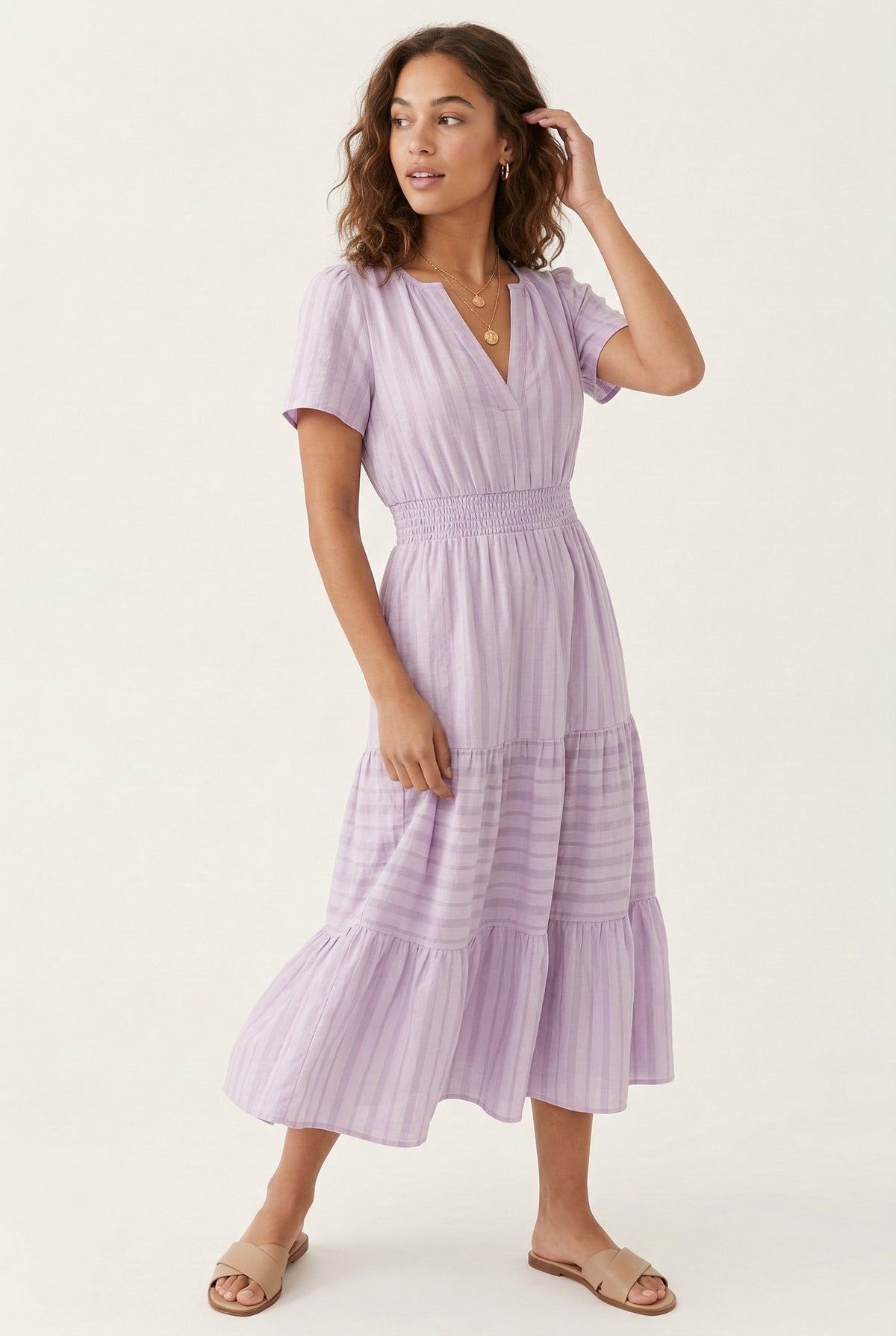 Smocked Waist Long Dress –  V-Neck, Puff Sleeves & Pockets
