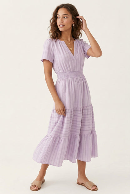 Smocked Waist Long Dress –  V-Neck, Puff Sleeves & Pockets