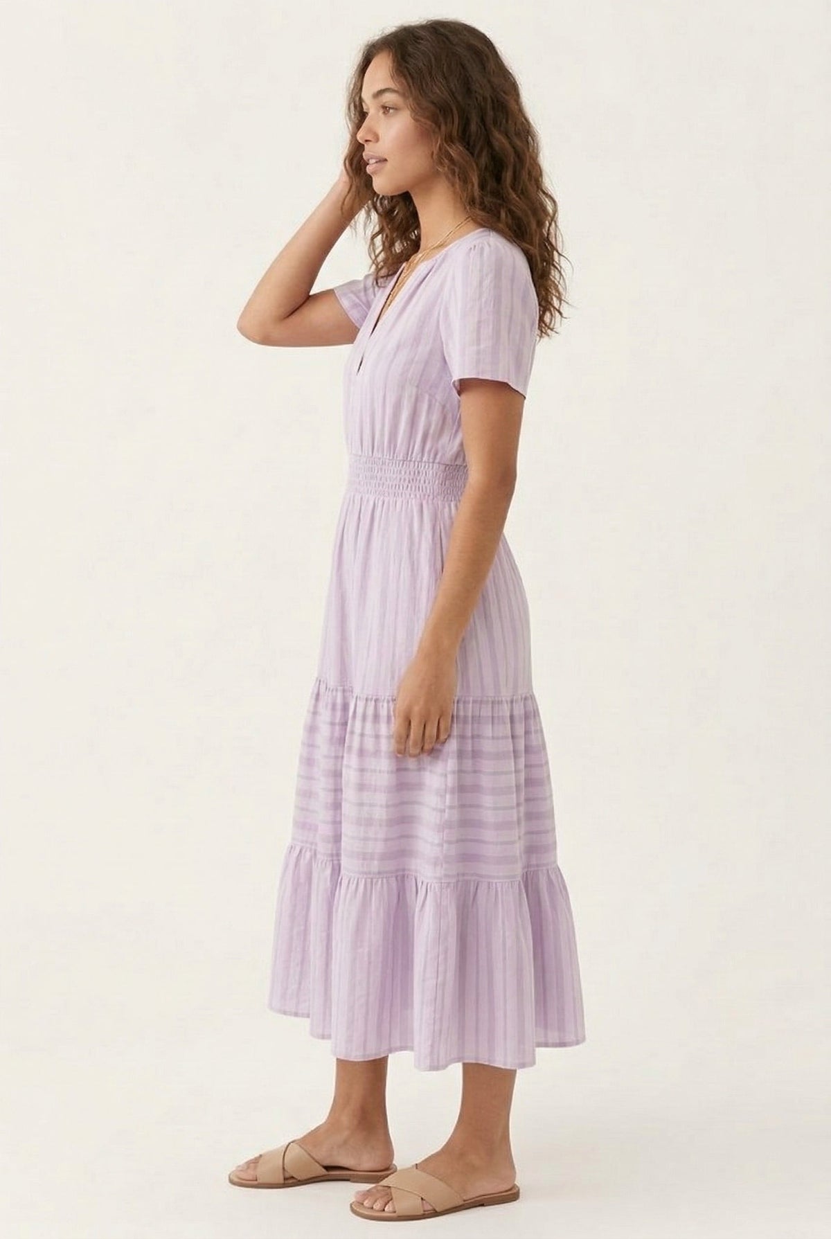 Smocked Waist Long Dress –  V-Neck, Puff Sleeves & Pockets