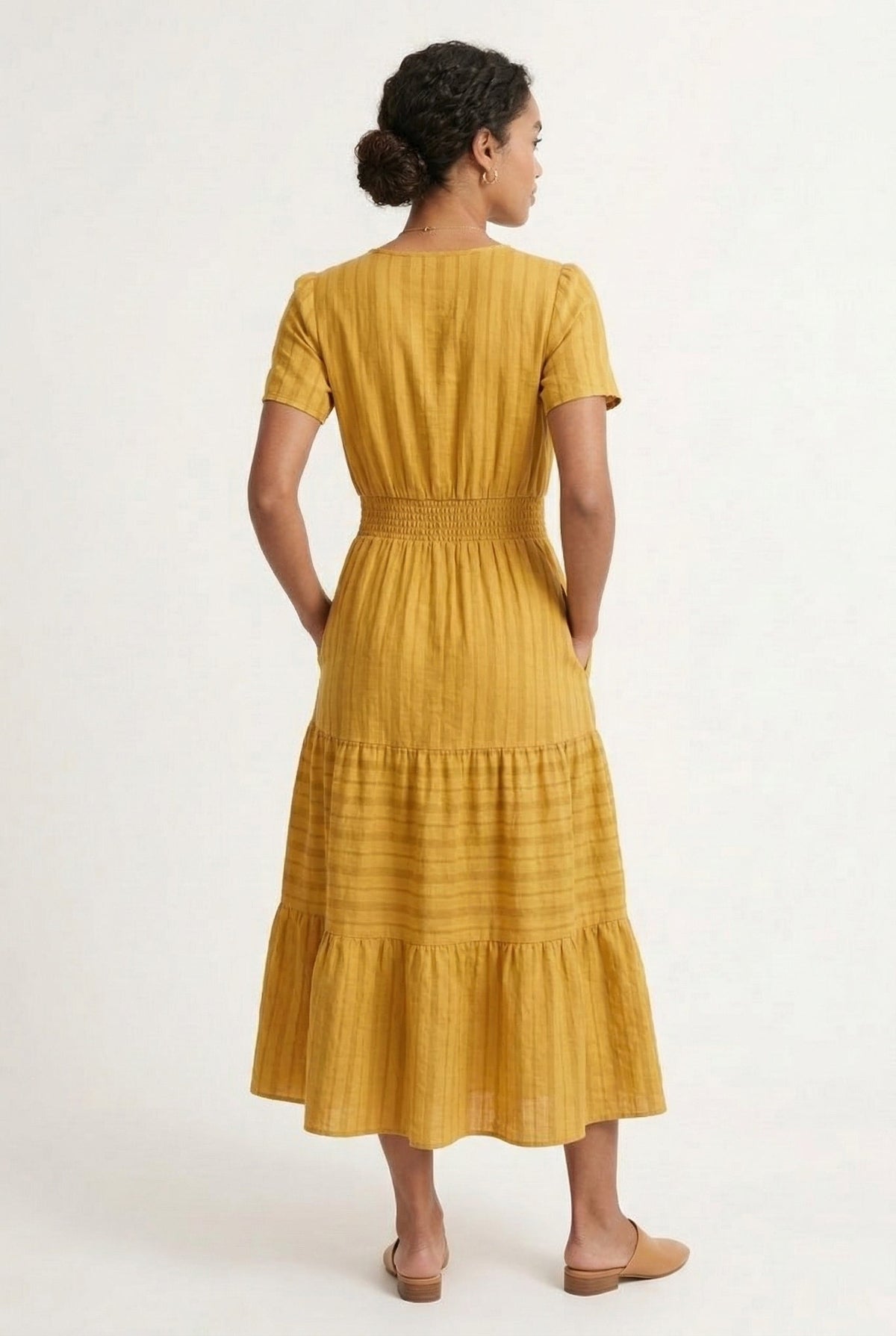 Smocked Waist Long Dress –  V-Neck, Puff Sleeves & Pockets