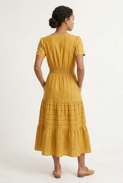 Smocked Waist Long Dress –  V-Neck, Puff Sleeves & Pockets
