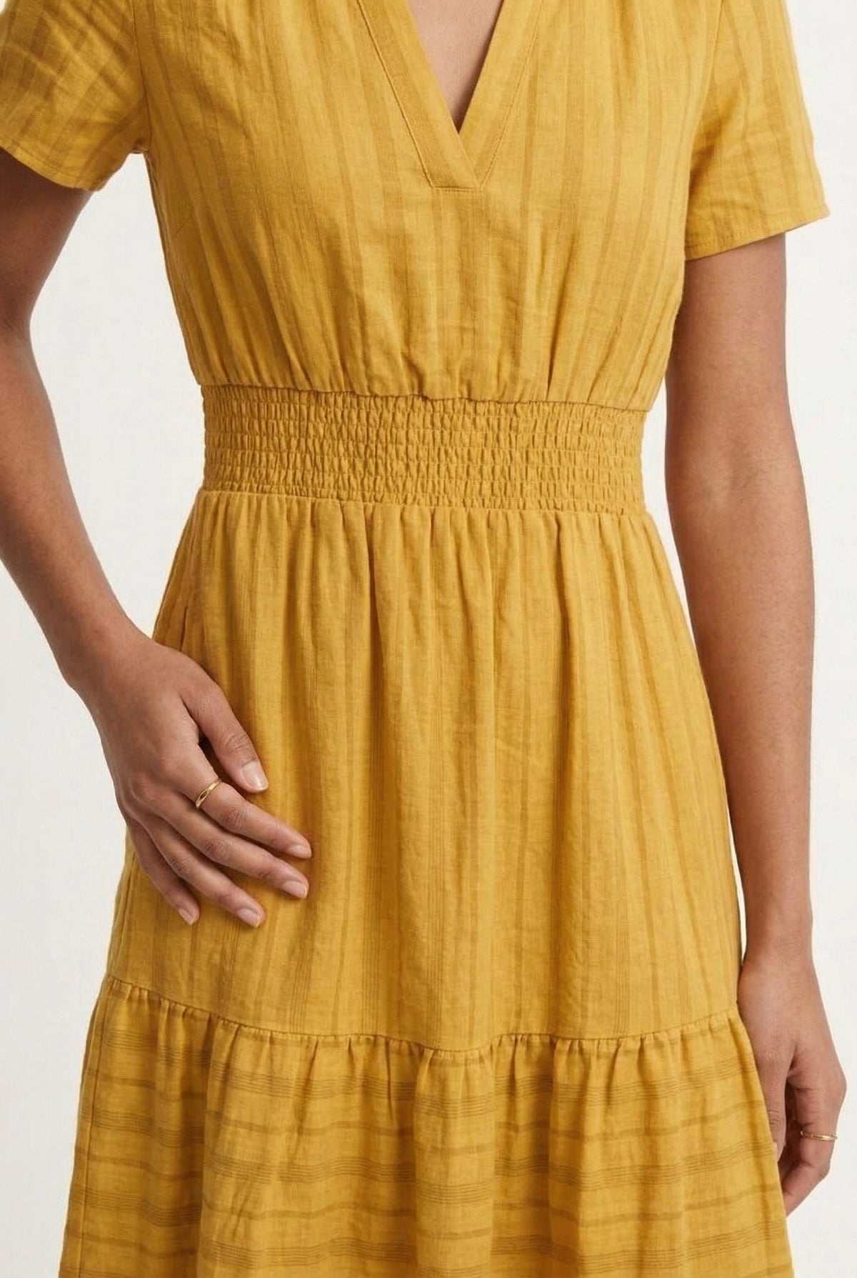 Smocked Waist Long Dress –  V-Neck, Puff Sleeves & Pockets