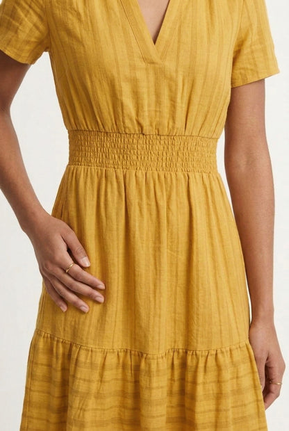 Smocked Waist Long Dress –  V-Neck, Puff Sleeves & Pockets
