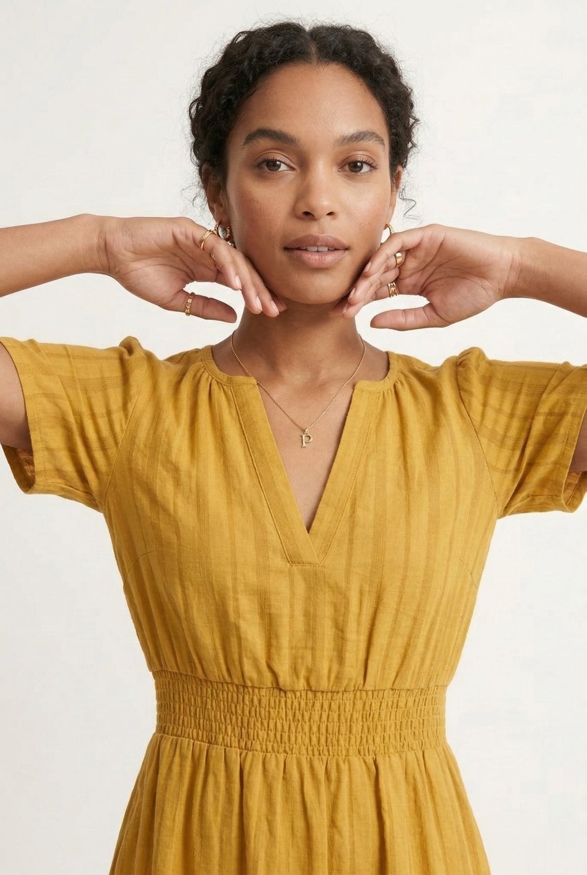 Smocked Waist Long Dress –  V-Neck, Puff Sleeves & Pockets