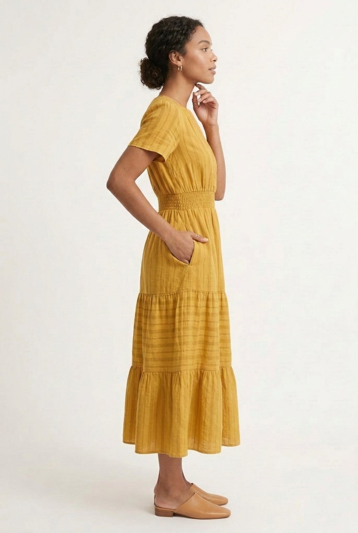 Smocked Waist Long Dress –  V-Neck, Puff Sleeves & Pockets