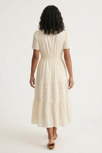 Smocked Waist Long Dress –  V-Neck, Puff Sleeves & Pockets
