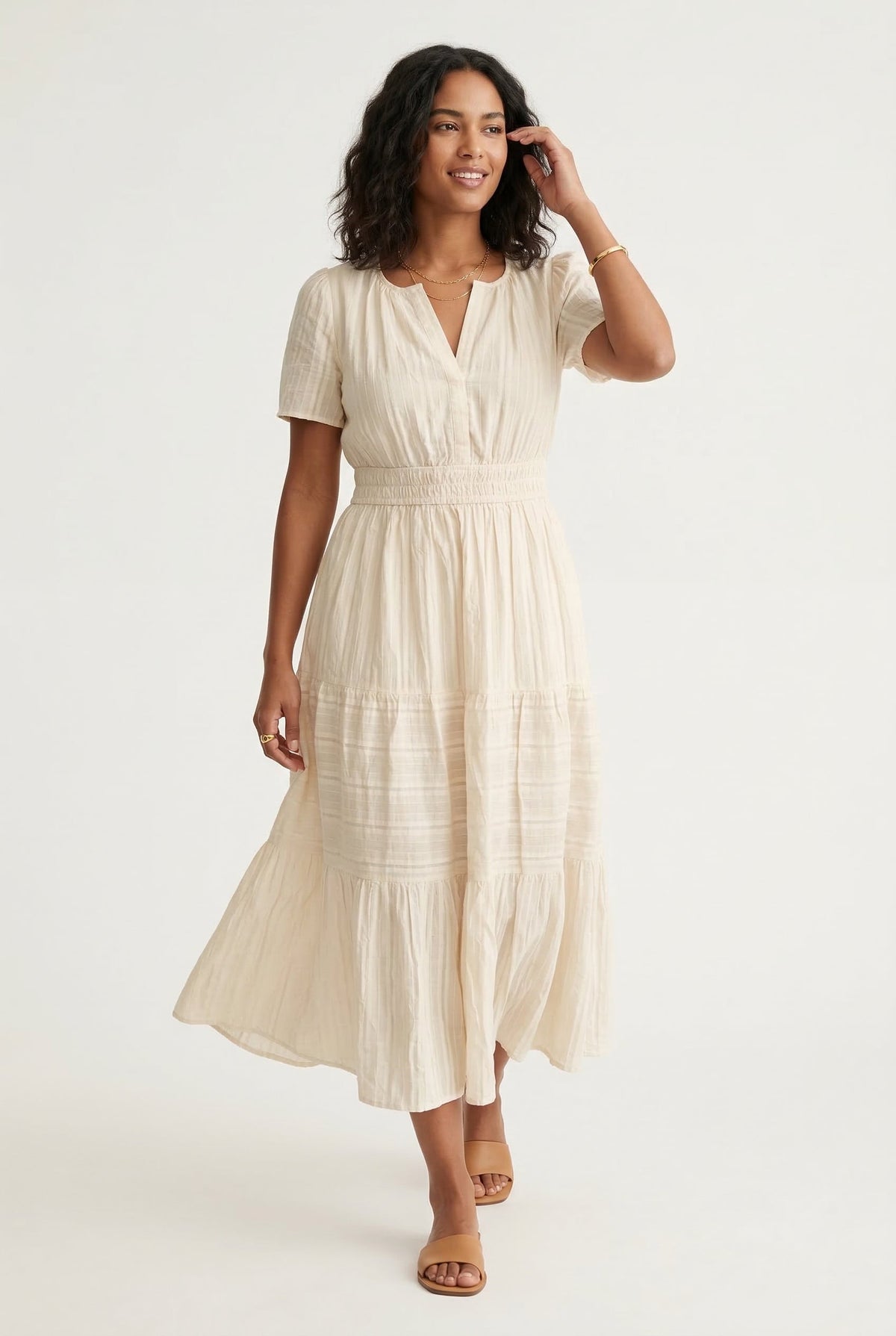 Smocked Waist Long Dress –  V-Neck, Puff Sleeves & Pockets