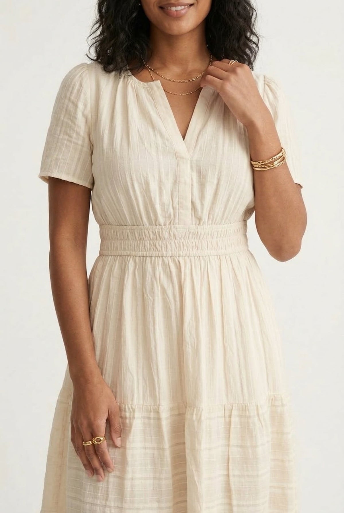 Smocked Waist Long Dress –  V-Neck, Puff Sleeves & Pockets