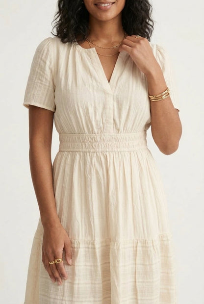 Smocked Waist Long Dress –  V-Neck, Puff Sleeves & Pockets