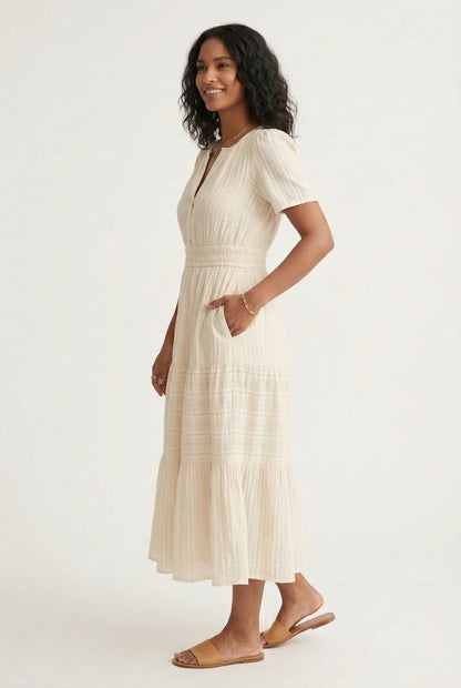 Smocked Waist Long Dress –  V-Neck, Puff Sleeves & Pockets