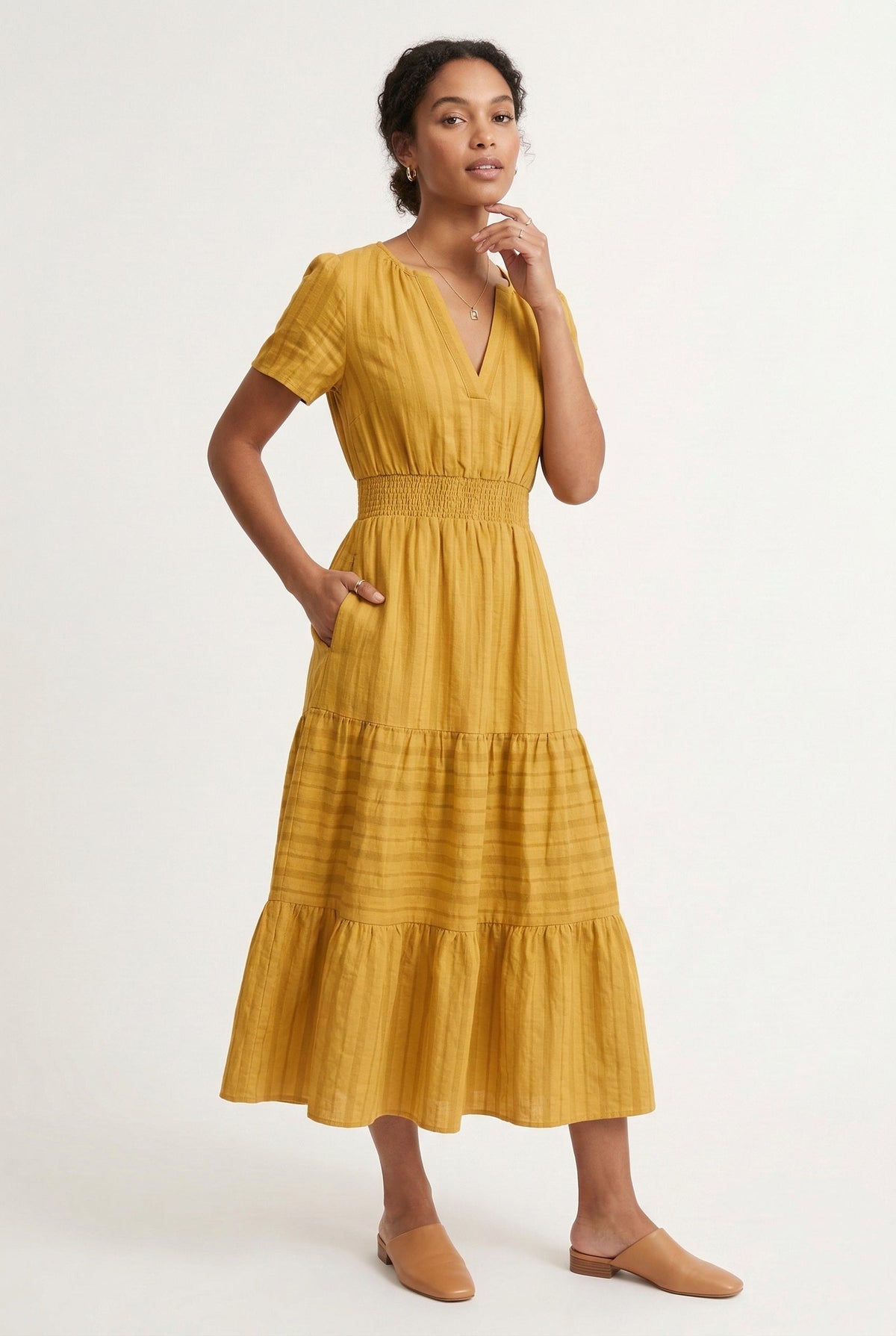 Smocked Waist Long Dress –  V-Neck, Puff Sleeves & Pockets