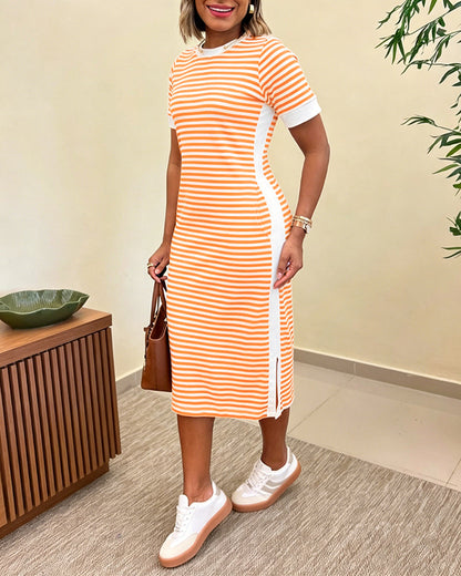 Striped Waist-Cinching Midi Dress – Crew Neck