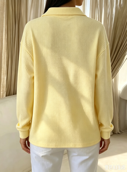 Cozy Chic Waffle Texture Long Sleeve Polo Blouse For Women