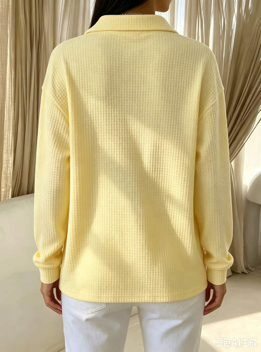 Cozy Chic Waffle Texture Long Sleeve Polo Blouse For Women
