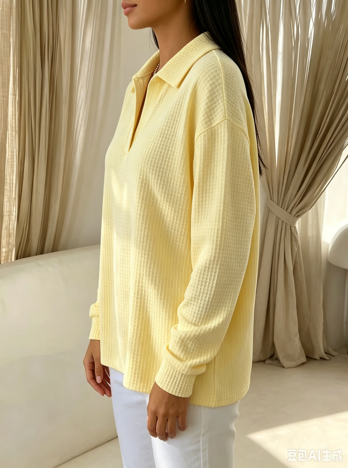 Cozy Chic Waffle Texture Long Sleeve Polo Blouse For Women