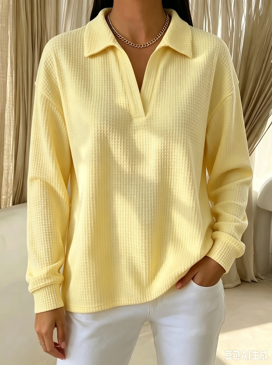 Cozy Chic Waffle Texture Long Sleeve Polo Blouse For Women