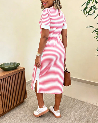 Striped Waist-Cinching Midi Dress – Crew Neck