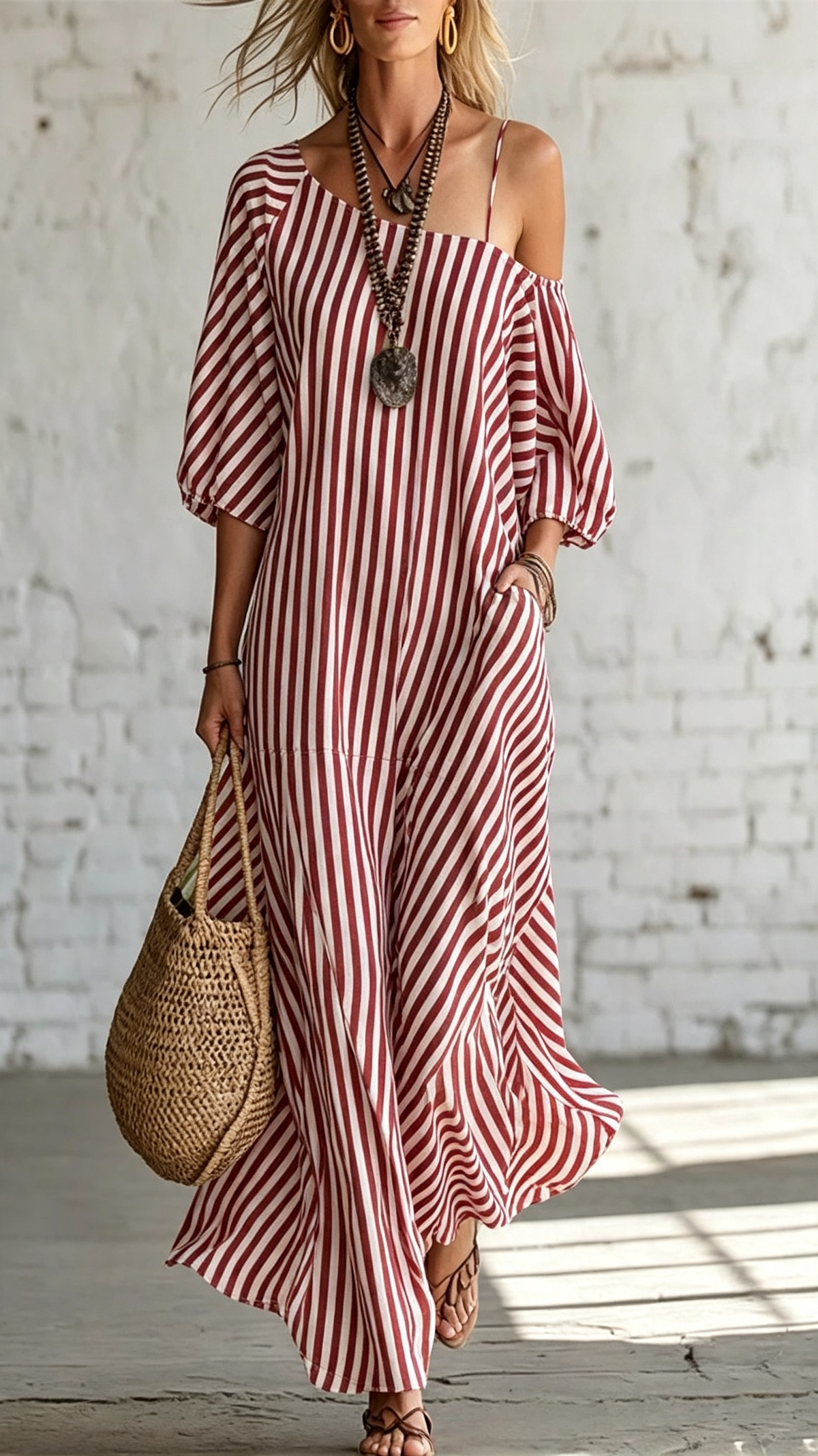 Women's Off Shoulder Striped Maxi Dress