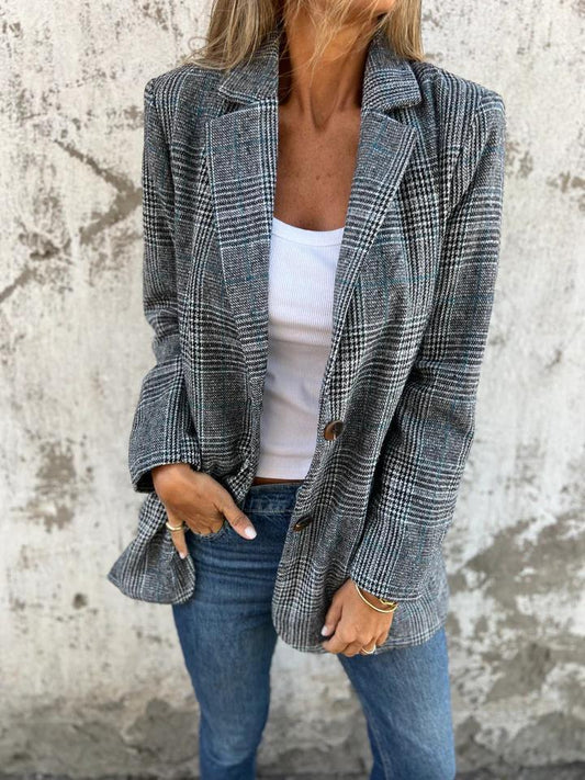 Soft Plaid Blazer – Notched Lapel, Side Pockets