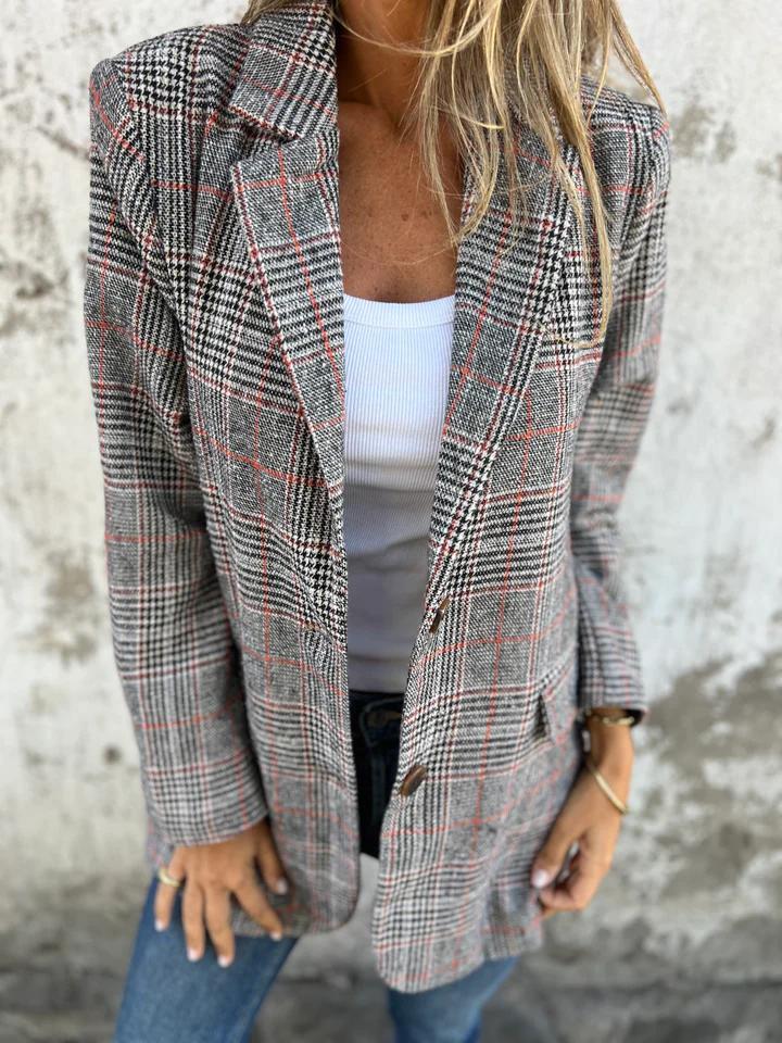 Soft Plaid Blazer – Notched Lapel, Side Pockets