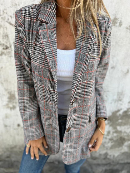 Soft Plaid Blazer – Notched Lapel, Side Pockets