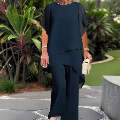 Asymmetrical Hem Top & Wide-Leg Pants Set – Relaxed Fit