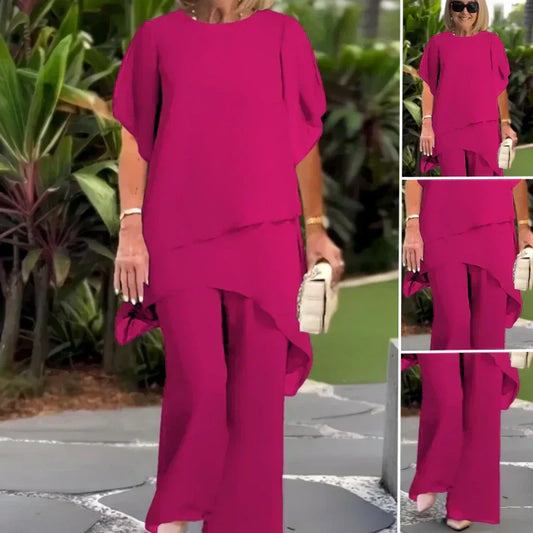 Asymmetrical Hem Top & Wide-Leg Pants Set – Relaxed Fit