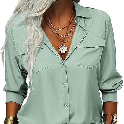 Women's Solid Lapel Button Down Shirt