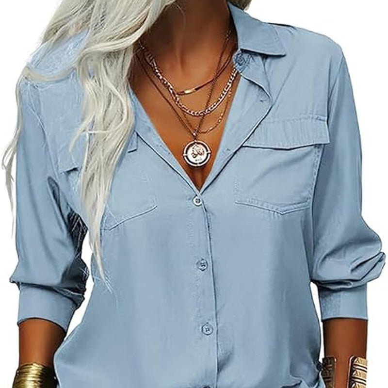 Women's Solid Lapel Button Down Shirt