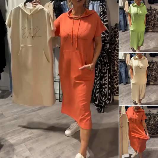 Relaxed Hooded Maxi Dress – Soft Cotton-Spandex, Adjustable Drawstring
